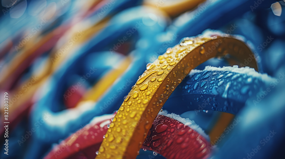 Fototapeta premium Close-up of Olympic rings with water droplets, showcasing red, blue, and yellow hues in vibrant detail, Generative AI