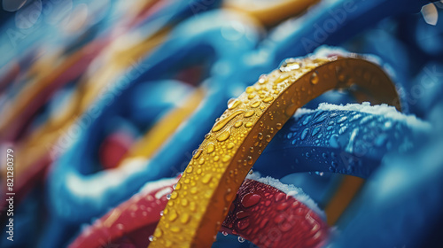 Close-up of Olympic rings with water droplets, showcasing red, blue, and yellow hues in vibrant detail, Generative AI