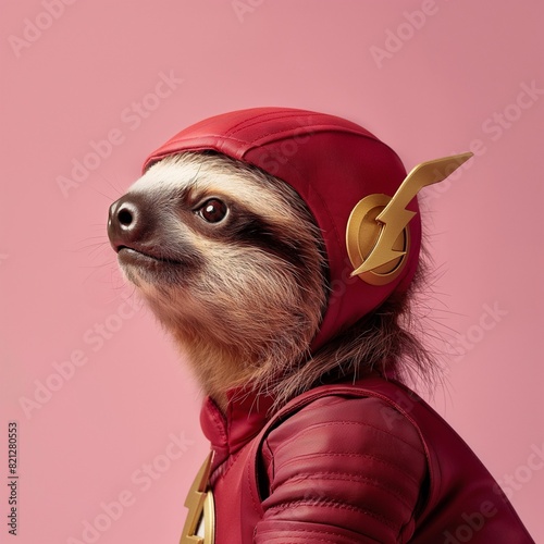 Portrait of cute sleepy sloth dressed in Flash costume, studio photo, minimalistic studio photography. the background is pink photo