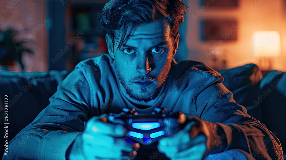 Fototapeta premium Focused Gamer Playing Video Games with Controller at Home