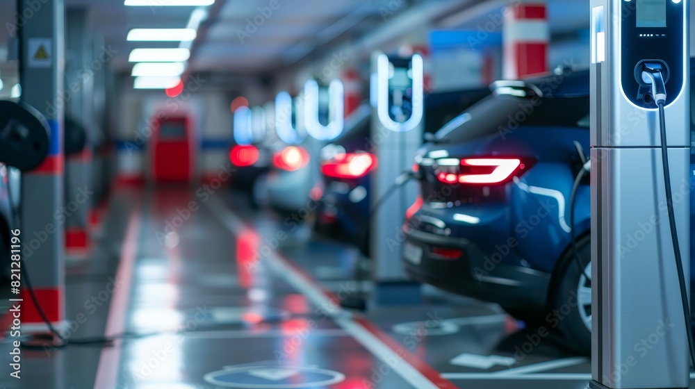 Electric cars charging in a modern underground parking lot with dedicated charging stations, showcasing the rise of electric mobility. Electric cars charging in a modern underground parking lot with dedicated charging stations, showcasing the rise of electric mobility.