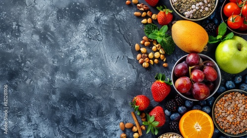 Assorted fresh fruits  nuts  and seeds on a dark textured background. Flat lay composition with copy space