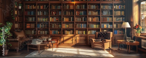 Cozy home library with wooden bookshelves lined with books, leather chairs, large windows with sunlight, and indoor plants.