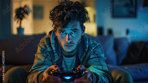  Focused Gamer Playing Video Games with Controller at Home