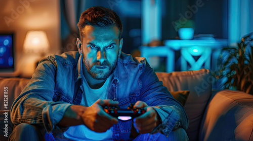  Focused Gamer Playing Video Games with Controller at Home