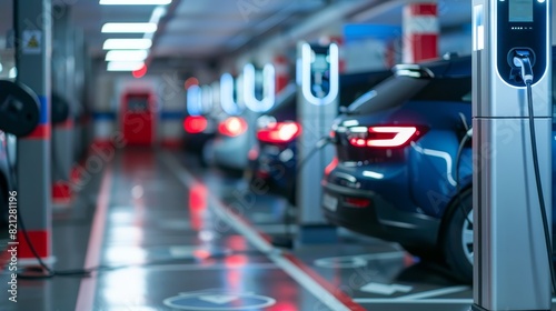 Electric cars charging in a modern underground parking lot with dedicated charging stations, showcasing the rise of electric mobility.