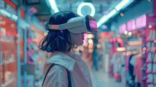 Woman Wearing VR Headset in Futuristic Retail Store