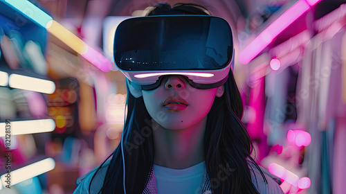 Woman Wearing VR Headset in Futuristic Retail Store