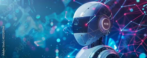 Futuristic robot with neon lights and digital network background  representing artificial intelligence and innovation in technology.