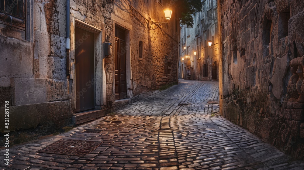 A cobblestone street in a historic European town, illuminated by streetlights, creates a nostalgic charm.