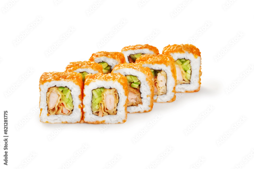 Sushi rolls with tempura shrimp, cucumber and tobiko Sushi rolls with tempura shrimp, cucumber and tobiko
