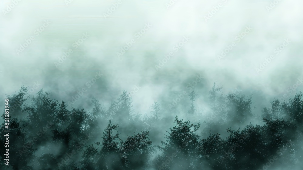 Misty forest landscape scene with dense fog and dark trees. Atmospheric view of nature in mysterious and tranquil mood.