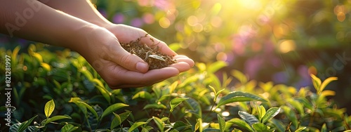 Tea in the hands of a woman in the garden. Selective focus.