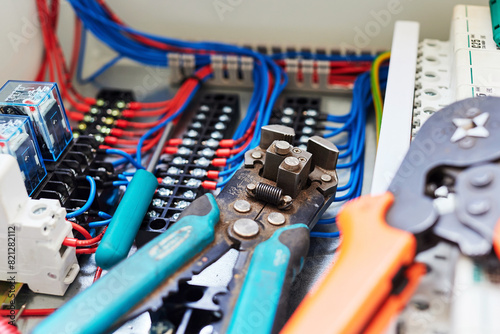 blue wires connected to the contact strip and relays.