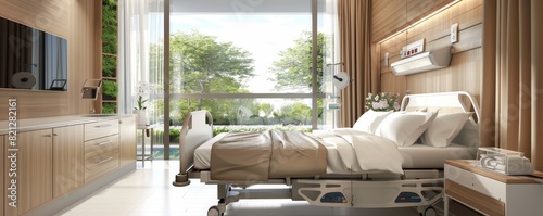 Modern hospital room with a comfortable bed, large window, and natural light, offering a serene healing environment for patients.