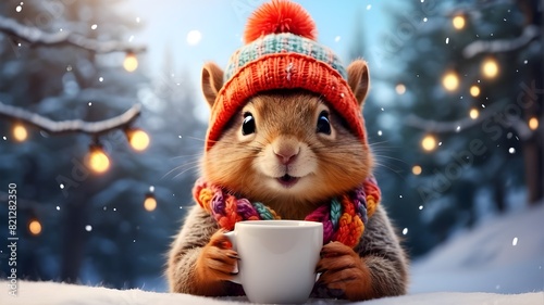 A cheerful, adorable squirrel wearing a knitted cap drinks cocoa from a cup against the backdrop of a winter woodland with fir trees, snow, and multicolored lights. Postcard for the New Year's festiv photo