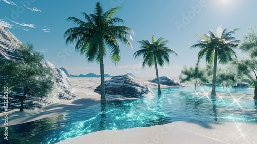 A futuristic oasis nestled within a desert of binary code  where palm trees sway in a simulated breeze beside shimmering holographic pools. 32k  full ultra hd  high resolution