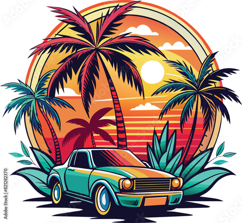 car with palm trees and a mountain landscape, a colorful theme design vector illustration t-shirt design, sunset and palm trees. 