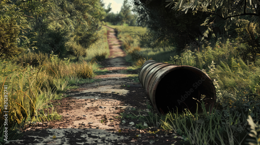 Old Rusted Pipeline Along Road in Winter Landscape Old Rusted Pipeline Along Road in Winter Landscape