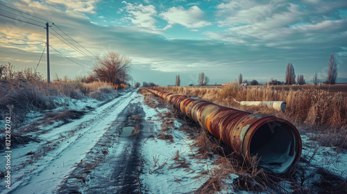 Old Rusted Pipeline Along Road in Winter Landscape