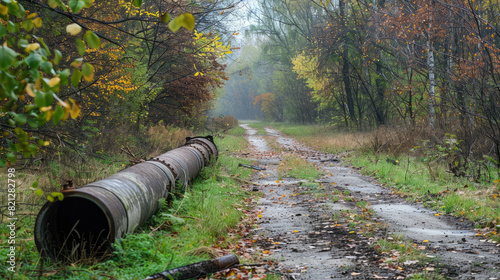 Old Rusted Pipeline Along Road in Winter Landscape