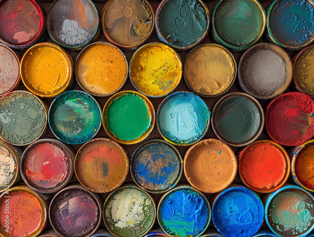 Colorful paint cans in neat rows Colorful paint cans in neat rows