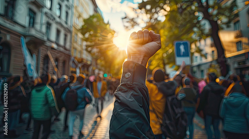  Raised Fist at Protest March with Sunset in Background
