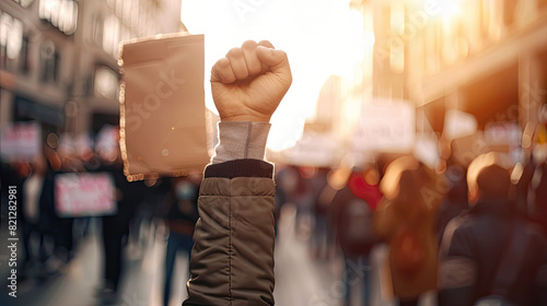 Raised Fist in Air at Street Protest in City