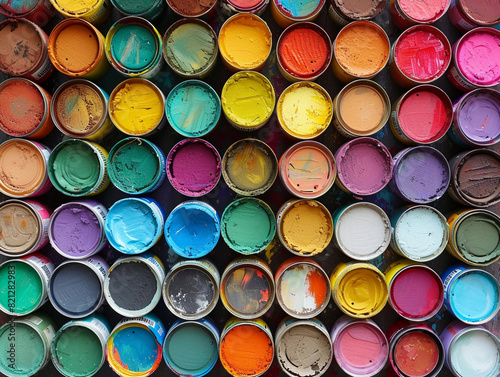Neatly arranged colorful paint cans