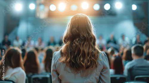 Woman Standing Before Audience on Stage with Lights