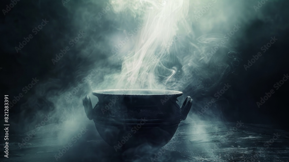 Mysterious cauldron with swirling mist in a dark, smoky atmosphere, evoking a sense of magic and enchantment in a mystical setting. Mysterious cauldron with swirling mist in a dark, smoky atmosphere, evoking a sense of magic and enchantment in a mystical setting.