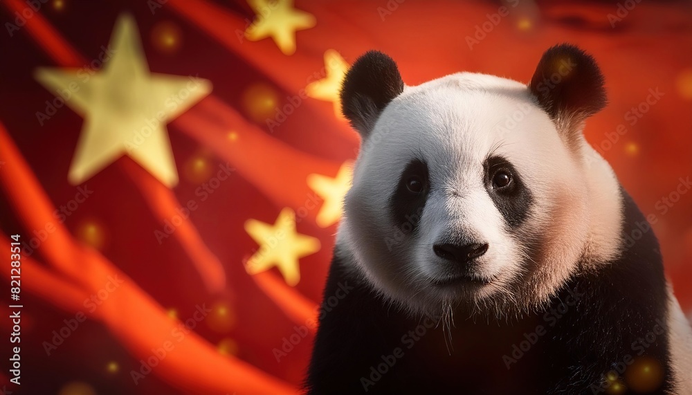 Obraz premium Giant Panda with Chinese Flag Background