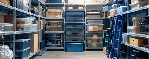 Organized storage room with shelves and plastic containers, showcasing efficient and tidy space management.