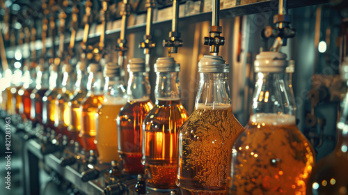 Bottling Line Filling Bottles with Beer in Brewery