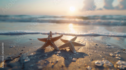 Starfish on Sandy Beach with Foamy Waves