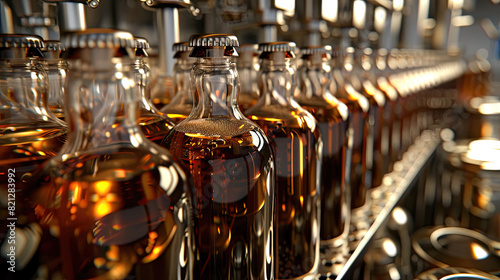 Bottling Line Filling Bottles with Beer in Brewery