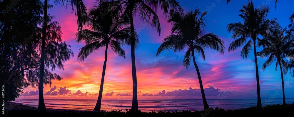 Silhouetted palm trees against a vibrant sunset sky with hues of orange, pink, and blue over a tranquil beach.