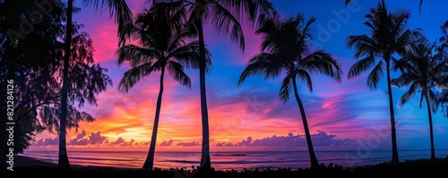 Silhouetted palm trees against a vibrant sunset sky with hues of orange, pink, and blue over a tranquil beach.