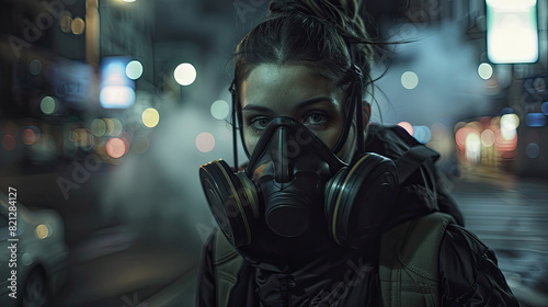 Woman Wearing Gas Mask in Smoky City Street at Night