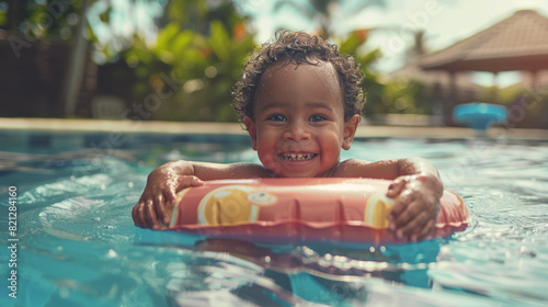 A afro american baby peacefully floats in a pool  wearing an inflatable ring for safety  poster