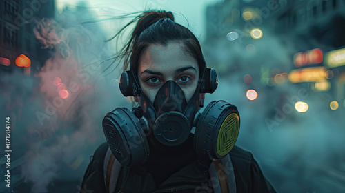 Woman Wearing Gas Mask in Smoky City Street at Night