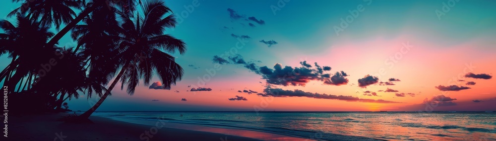 Stunning tropical beach sunset with colorful sky, palm trees silhouette, and calm ocean waves creating a serene and picturesque scene. Stunning tropical beach sunset with colorful sky, palm trees silhouette, and calm ocean waves creating a serene and picturesque scene.