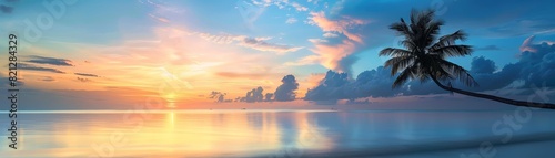 Stunning tropical beach sunset with a silhouetted palm tree  calm ocean waters  and dramatic clouds glowing with vibrant colors.