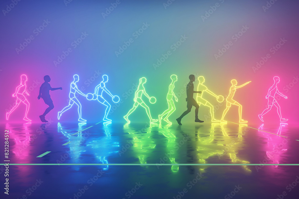 A series of people are shown in a neon light A series of people are shown in a neon light
