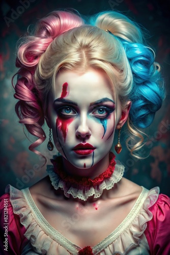 Woman With Clown Makeup Painted as Harley Quinn. Generative AI