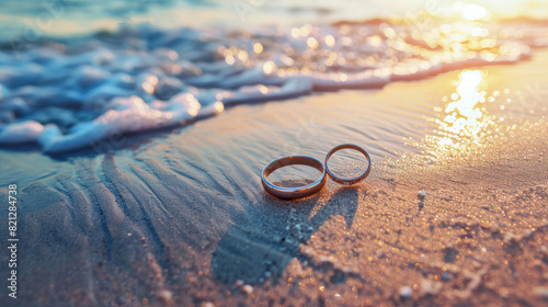 Wedding Rings on Beach at Sunset with Ocean in Background
