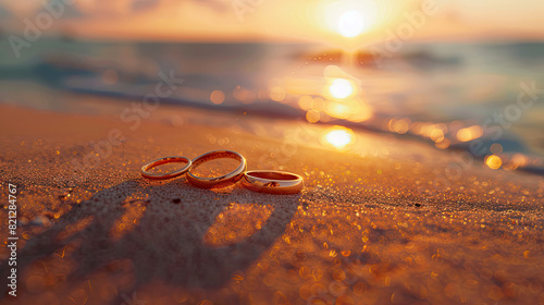 Wedding Rings on Beach at Sunset with Ocean in Background