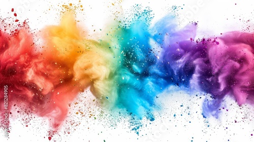 Vibrant abstract color explosion in rainbow palette, featuring dynamic splashes of red, orange, yellow, green, blue, and purple on white background.