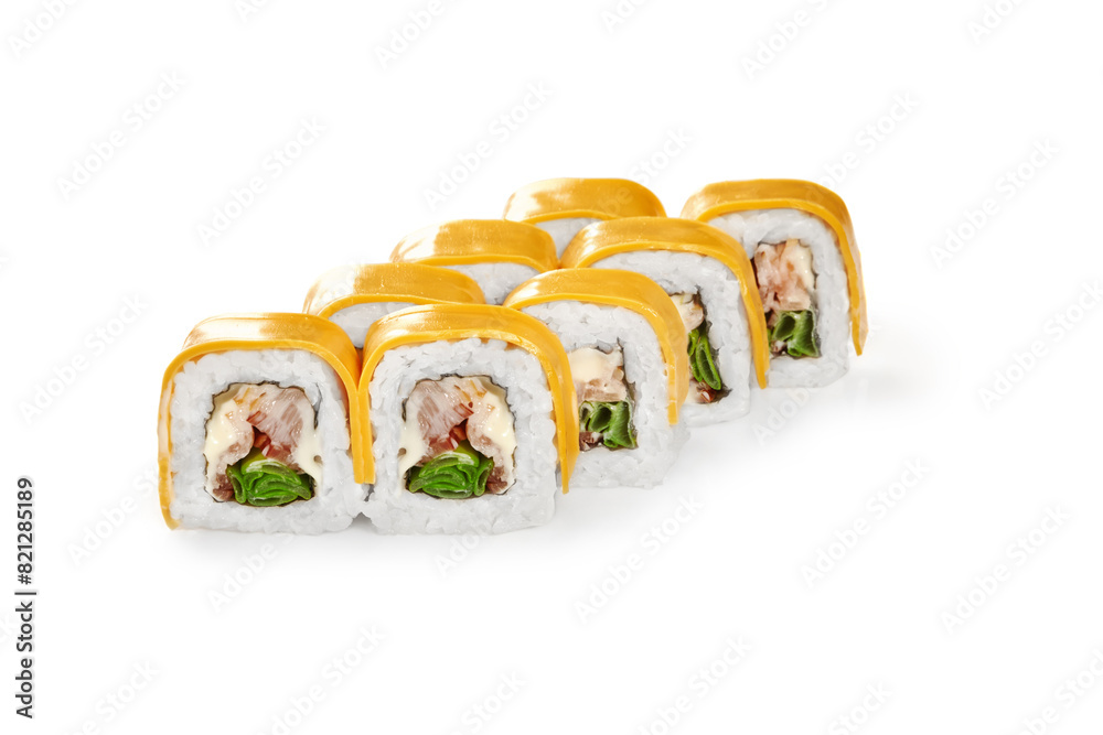 Cheddar topped eel sushi rolls with cream cheese and greens Cheddar topped eel sushi rolls with cream cheese and greens