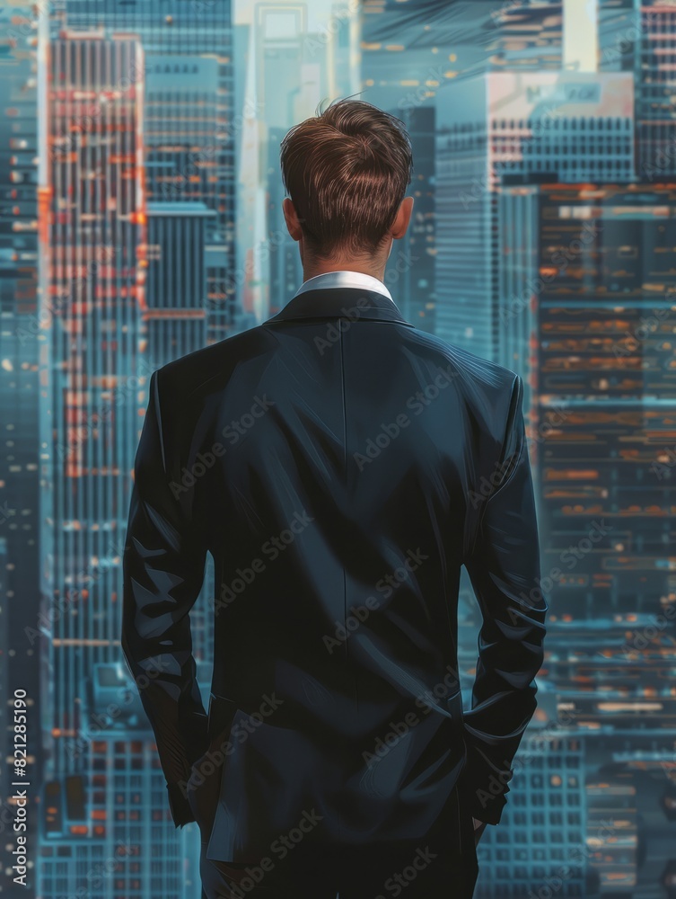 Back view of a businessman in a formal suit against the backdrop of skyscrapers in the business district of the city. Back view of a businessman in a formal suit against the backdrop of skyscrapers in the business district of the city.